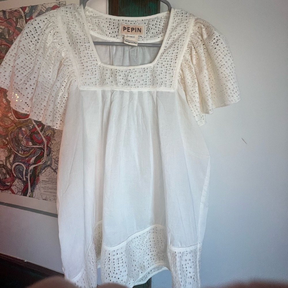 Anthropologie Pepin Cream Eyelet Flutter Sleeve Top Small